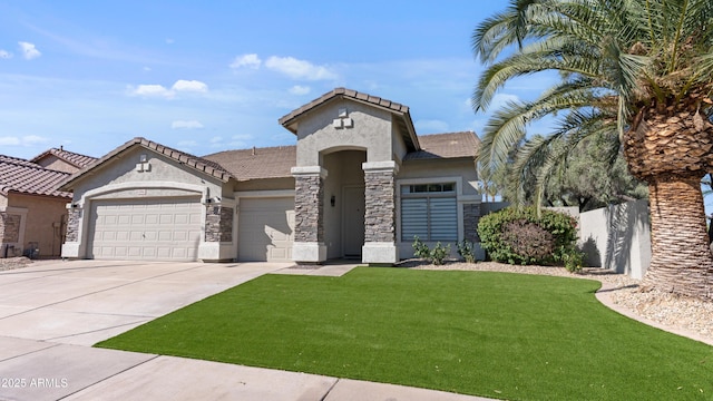 3956 S Hollyhock Pl, Chandler, AZ 85248 - mediterranean / spanish home featuring stucco siding, a front yard, fence, a garage, and driveway