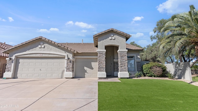 3956 S Hollyhock Pl, Chandler, AZ 85248 - mediterranean / spanish home featuring stone siding, a garage, stucco siding, a front lawn, and driveway