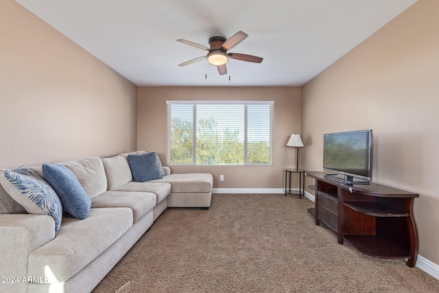 living room featuring carpet flooring and ceiling fan