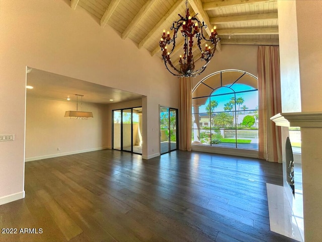 unfurnished living room with wood ceiling, dark hardwood / wood-style floors, and a chandelier