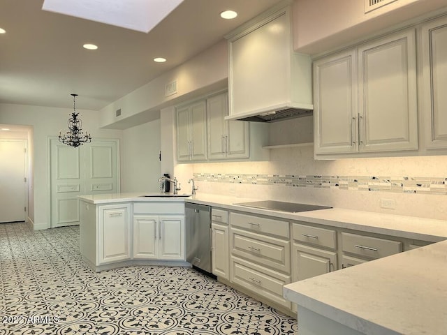 kitchen with sink, custom exhaust hood, decorative light fixtures, dishwasher, and black electric stovetop