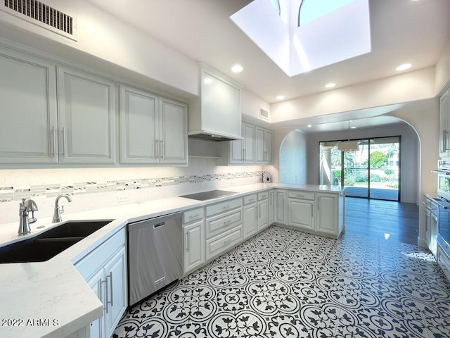 kitchen with sink, decorative backsplash, kitchen peninsula, stainless steel appliances, and custom range hood