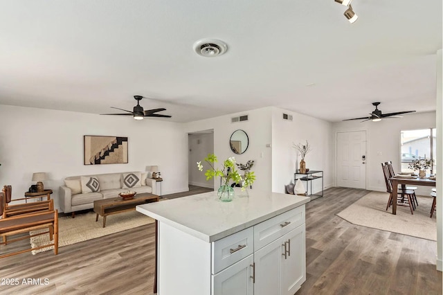 kitchen featuring white cabinetry, wood-type flooring, ceiling fan, and a kitchen island