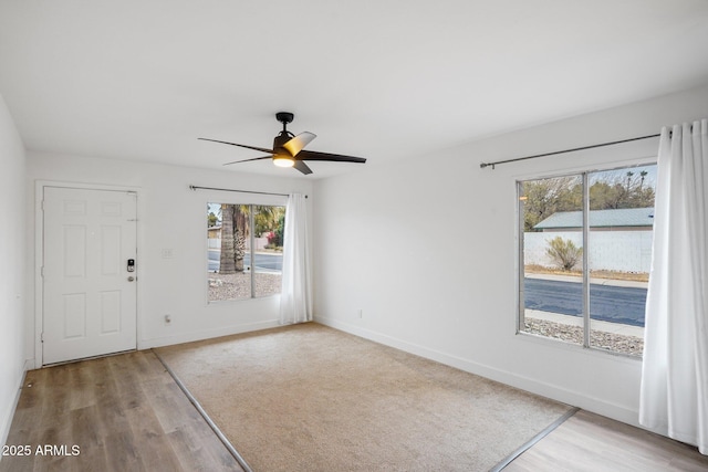 entrance foyer with ceiling fan, plenty of natural light, and light wood-type flooring