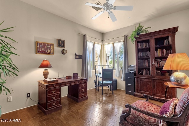 office featuring dark wood-style floors and a ceiling fan