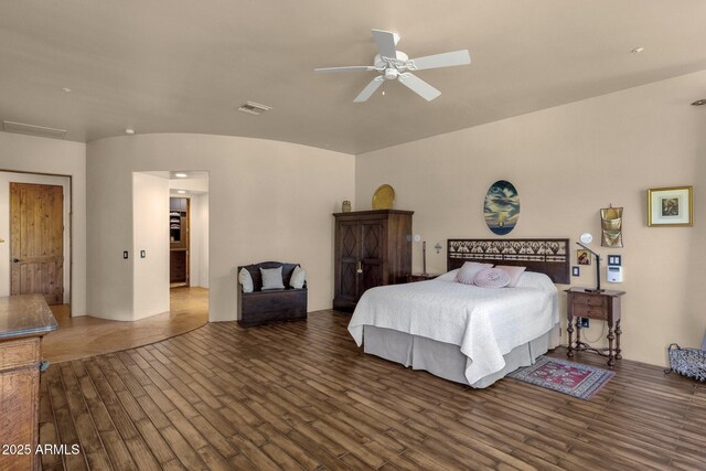 bedroom featuring recessed lighting, visible vents, ceiling fan, and wood finished floors