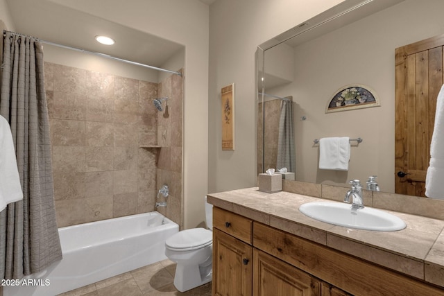 full bathroom with toilet, recessed lighting, tile patterned floors, shower / bathtub combination with curtain, and vanity