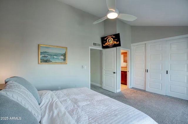 5435 E Cambridge Ave, Phoenix, AZ 85008 - bedroom with carpet, high vaulted ceiling, ceiling fan, and a closet