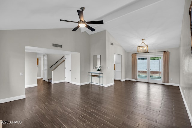 5435 E Cambridge Ave, Phoenix, AZ 85008 - unfurnished living room with a chandelier, high vaulted ceiling, a ceiling fan, dark wood-style floors, and stairway