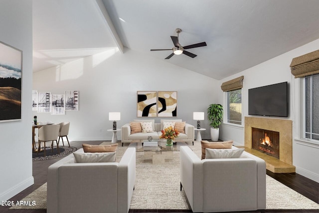 5435 E Cambridge Ave, Phoenix, AZ 85008 - living room featuring dark wood-type flooring, a ceiling fan, and a premium fireplace