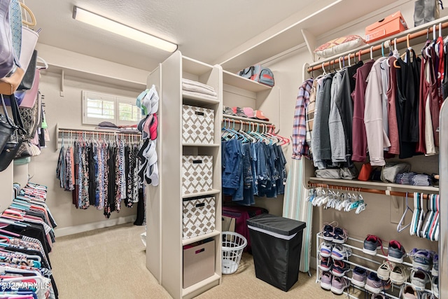 walk in closet with light colored carpet