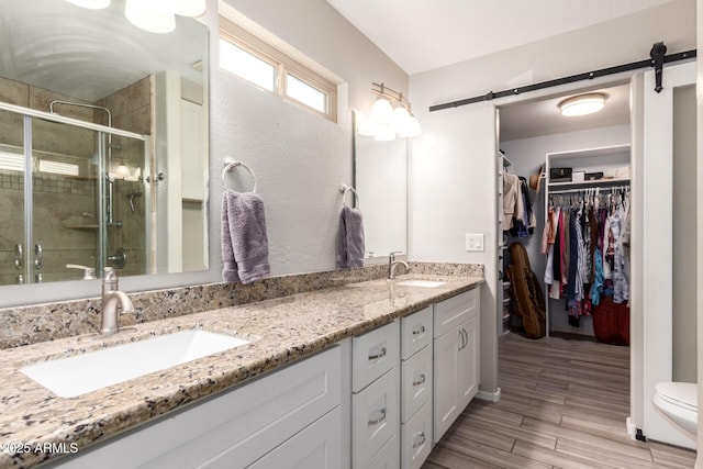 full bathroom with a sink, a spacious closet, a stall shower, and double vanity
