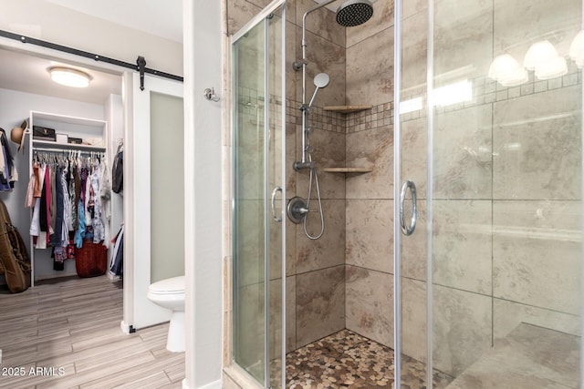 full bath featuring a walk in closet, toilet, and a shower stall