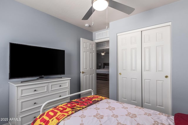 bedroom featuring a closet, visible vents, and a ceiling fan