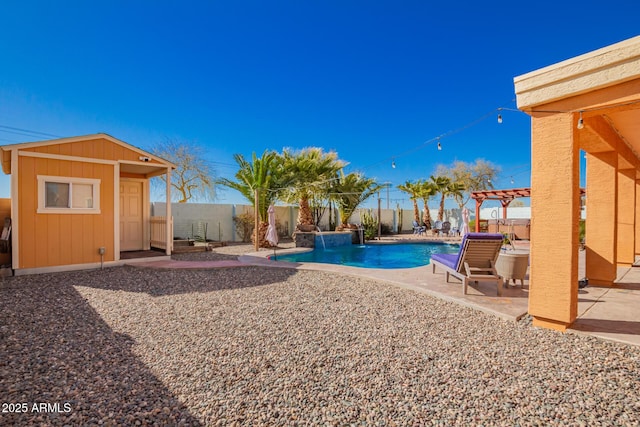 view of yard featuring a fenced in pool, an outdoor structure, a fenced backyard, a patio area, and a pergola