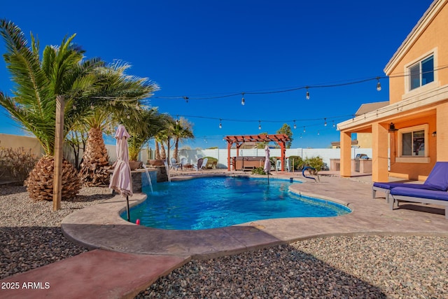 view of pool with a patio area, a fenced in pool, a fenced backyard, and a pergola