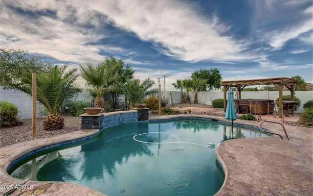 view of pool with a fenced in pool, a hot tub, a fenced backyard, a patio area, and a pergola