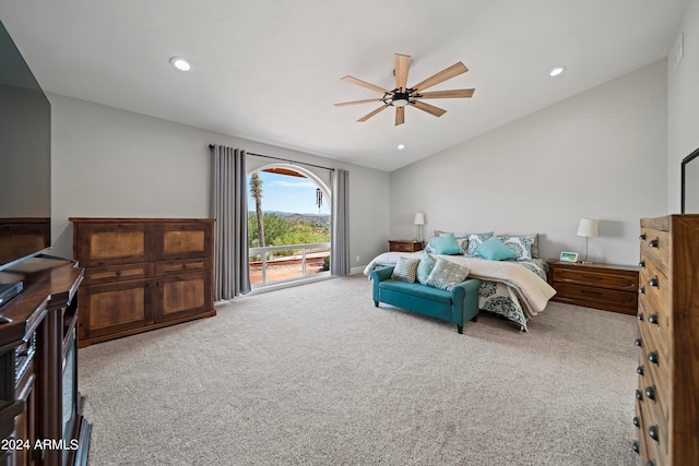 bedroom with carpet flooring, lofted ceiling, ceiling fan, and access to exterior