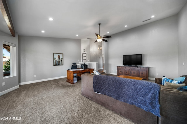 carpeted living room featuring beam ceiling and ceiling fan