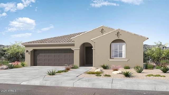 25616 N 148th Dr, Surprise, AZ 85387 - mediterranean / spanish-style house with concrete driveway, a garage, stucco siding, and a tiled roof
