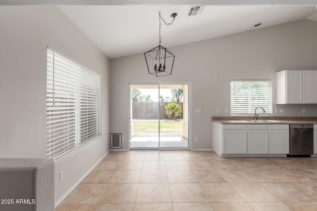 1713 N Sinova, Mesa, AZ 85205 - unfurnished dining area with an inviting chandelier, visible vents, vaulted ceiling, a sink, and baseboards