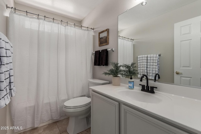 1713 N Sinova, Mesa, AZ 85205 - full bathroom featuring toilet, tile patterned flooring, a shower with curtain, and vanity