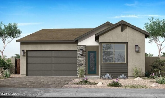 2179 E Mill Rd, San Tan Valley, AZ 85140 - view of front of property featuring stucco siding, an attached garage, decorative driveway, and stone siding