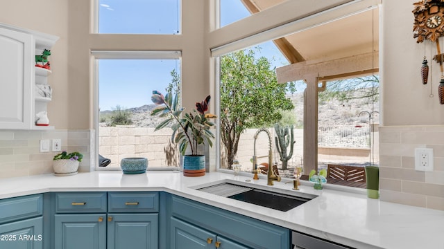 116 E Mountain Sky Ave, Phoenix, AZ 85048 - kitchen featuring blue cabinetry, backsplash, and white cabinetry