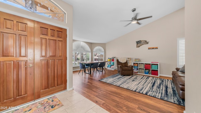 116 E Mountain Sky Ave, Phoenix, AZ 85048 - foyer entrance with ceiling fan, light tile patterned floors, and high vaulted ceiling