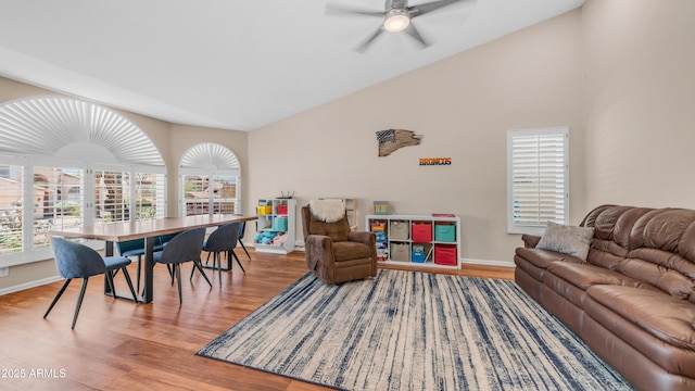 116 E Mountain Sky Ave, Phoenix, AZ 85048 - living room featuring wood finished floors, a ceiling fan, and vaulted ceiling