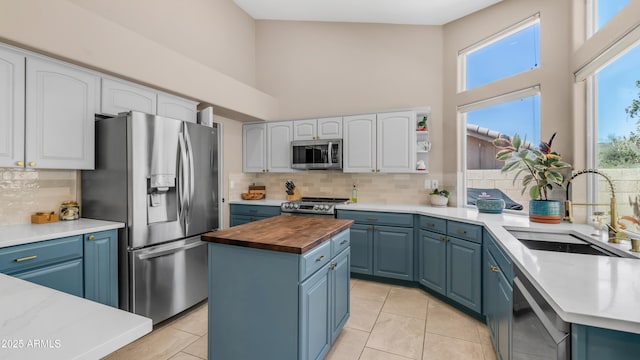 116 E Mountain Sky Ave, Phoenix, AZ 85048 - kitchen with appliances with stainless steel finishes, blue cabinets, wooden counters, a towering ceiling, and tasteful backsplash