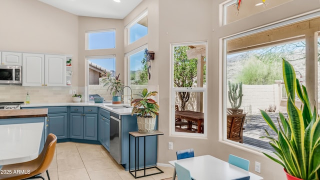 116 E Mountain Sky Ave, Phoenix, AZ 85048 - kitchen with appliances with stainless steel finishes, blue cabinets, white cabinetry, healthy amount of natural light, and a towering ceiling