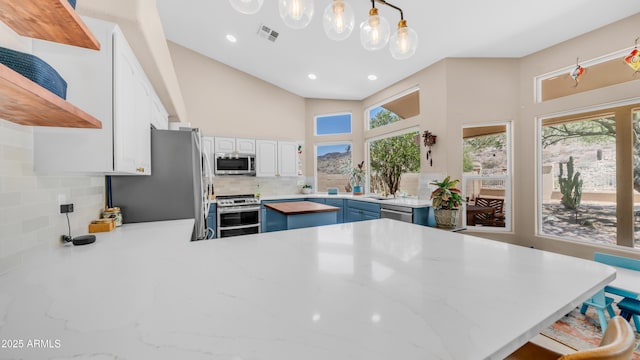 116 E Mountain Sky Ave, Phoenix, AZ 85048 - kitchen with stainless steel appliances, blue cabinets, tasteful backsplash, healthy amount of natural light, and recessed lighting
