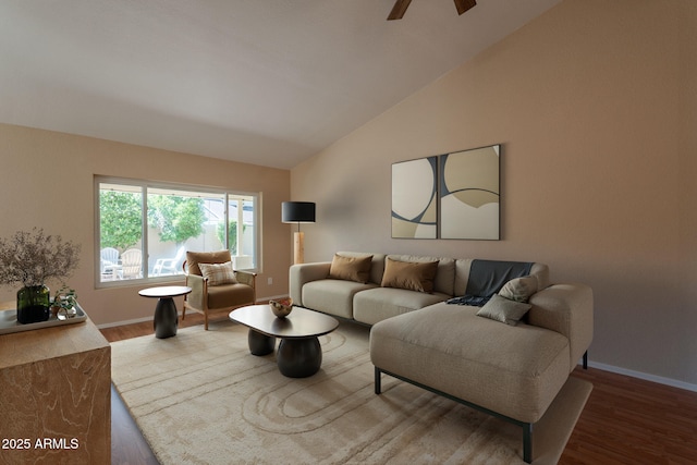 4349 W Cielo Grande, Glendale, AZ 85310 - living room featuring vaulted ceiling, wood finished floors, baseboards, and a ceiling fan