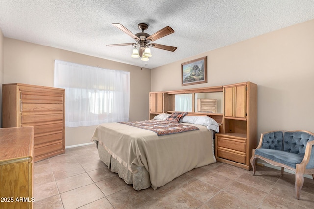 bedroom featuring a textured ceiling and ceiling fan