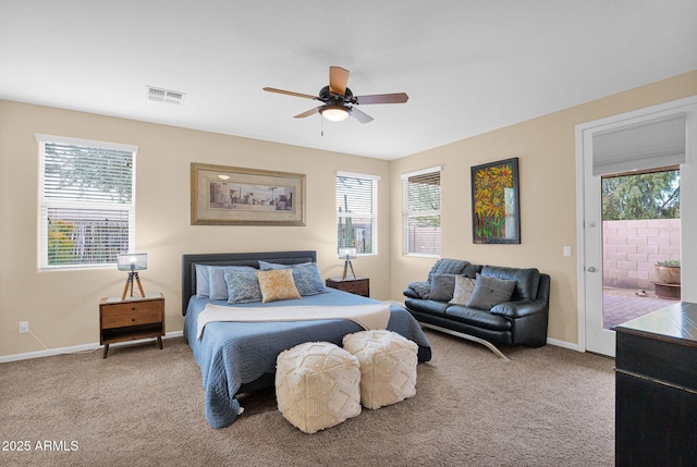 bedroom featuring carpet flooring, a ceiling fan, visible vents, baseboards, and access to outside