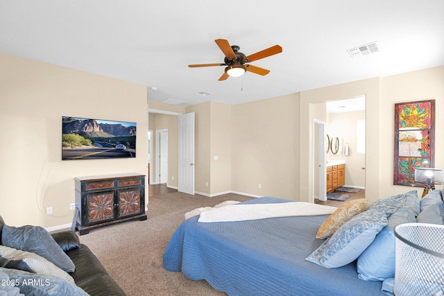 bedroom featuring carpet, visible vents, ceiling fan, and baseboards