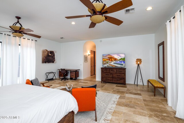 30020 N 63rd St, Cave Creek, AZ 85331 - bedroom featuring recessed lighting, visible vents, arched walkways, and ceiling fan