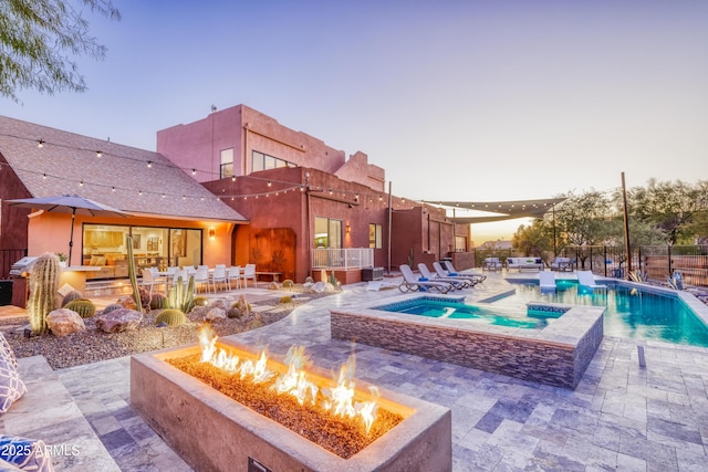 30020 N 63rd St, Cave Creek, AZ 85331 - outdoor pool featuring fence, a fire pit, an in ground hot tub, and a patio area
