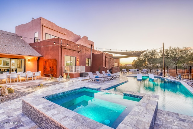 30020 N 63rd St, Cave Creek, AZ 85331 - view of pool with an outdoor living space, fence, a fenced in pool, an in ground hot tub, and a patio area