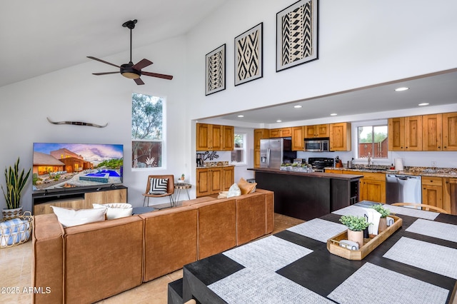 30020 N 63rd St, Cave Creek, AZ 85331 - dining room featuring recessed lighting, a ceiling fan, light tile patterned floors, and high vaulted ceiling