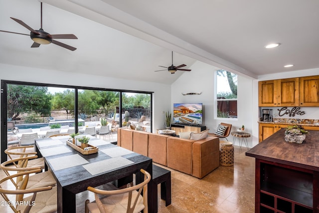 30020 N 63rd St, Cave Creek, AZ 85331 - dining space featuring recessed lighting, high vaulted ceiling, and ceiling fan