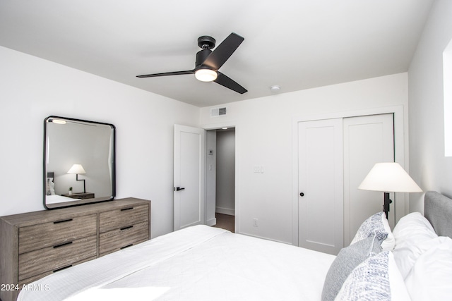 bedroom featuring ceiling fan and a closet