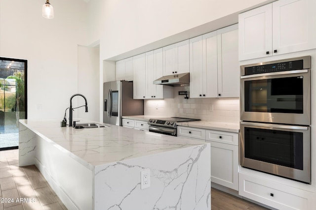 kitchen with a kitchen island with sink, sink, light stone countertops, appliances with stainless steel finishes, and white cabinetry