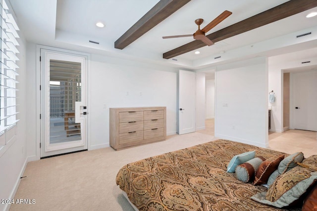 carpeted bedroom featuring ceiling fan, beamed ceiling, access to exterior, and multiple windows