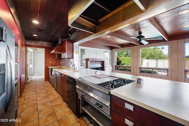 4461 E Flower St, Phoenix, AZ 85018 - kitchen featuring wood ceiling, a sink, light tile patterned floors, a ceiling fan, and black dishwasher