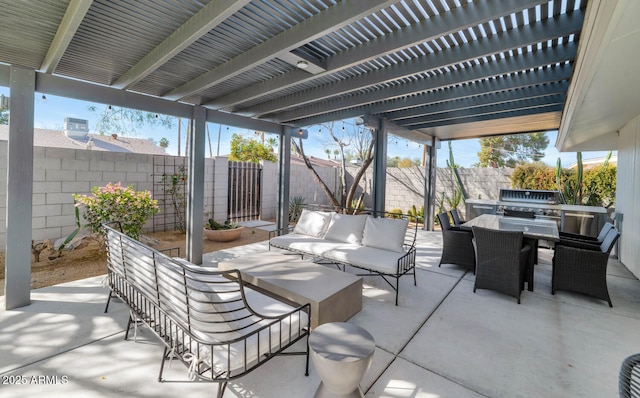 view of patio featuring outdoor lounge area, a grill, and a pergola