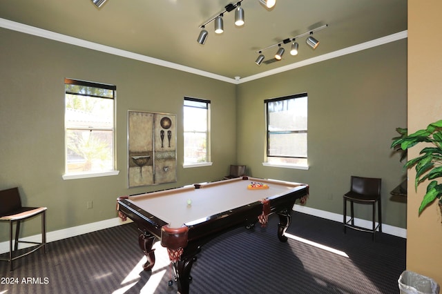 playroom with a wealth of natural light, ornamental molding, and billiards