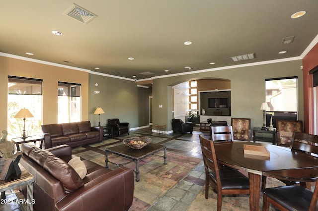 living room with crown molding