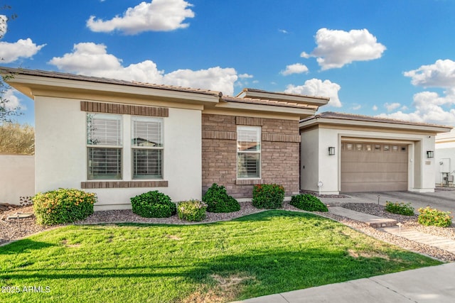 2052 E Scorpio Pl, Chandler, AZ 85249 - view of front facade with stucco siding, an attached garage, a front yard, driveway, and stone siding